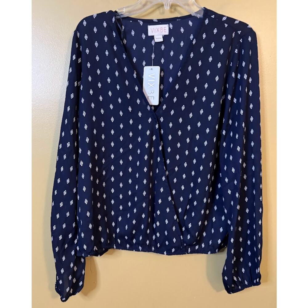 Vixbe Tamils‎ Navy Print Long Sleeve Surplice Blouse Size Large NWT